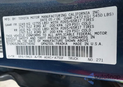 2006 Toyota Tacoma Base V6 из США, поврежденный, VIN 5TEMU52N06Z274092